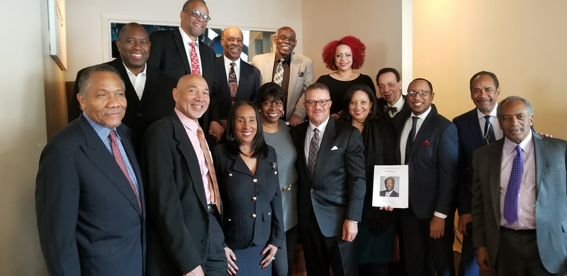 Among the attendees at the services for Les Payne were (bottom, from left) Monroe Anderson, Derrick Z. Jackson, Sheila Brooks, Audrey Edwards, DeWayne Wickham, Sarah Glover, Morris Thompson, Johann Calhoun, Tim Reid and Dwight Lewis. Rear: Rod Hicks, William Rhoden, Richard Prince, Elmer Smith and Nikole Hannah-Jones.